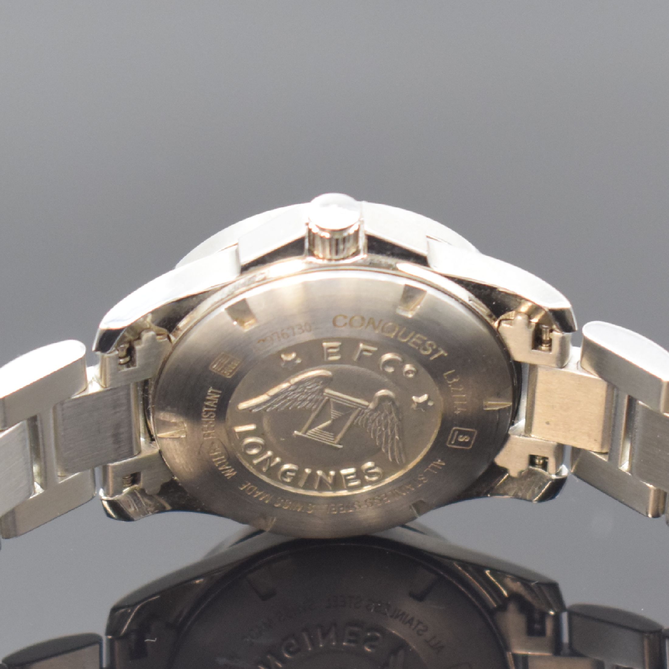 Detail d: LONGINES Conquest Damenarmbanduhr in Stahl Referenz L3.277.4, Schweiz um 2010, quarz, Boden u. Krone verschr., orig. Gliederband m. dopp. Faltschl., ...