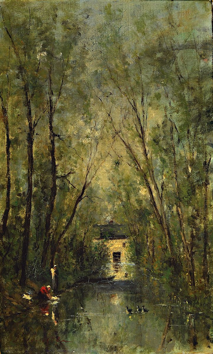 Paul Emmanuel Peraire, 1819 Bordeaux-1893 Paris, Flusslandschaft mit Wäscherinnen, Fluchtpunktperspektive auf eine Mühle, links unten signiert, ...