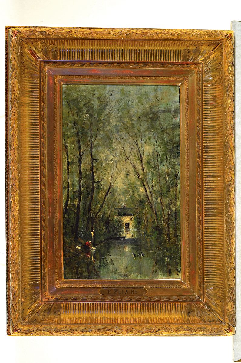 Detail k: Paul Emmanuel Peraire, 1819 Bordeaux-1893 Paris, Flusslandschaft mit Wäscherinnen, Fluchtpunktperspektive auf eine Mühle, links unten signiert, ...