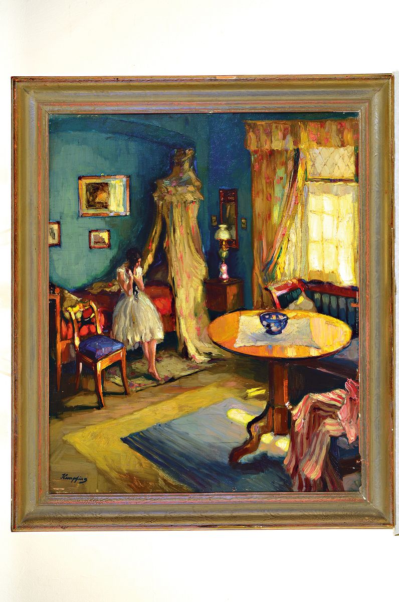 Detail k: Wilhelm Hempfing, 1886 Schönau-1948 Karlsruhe , Interieur mit jungen Mädchen bei der Morgentoilette, von rechts einfallendes Licht der Morgensonne, ...