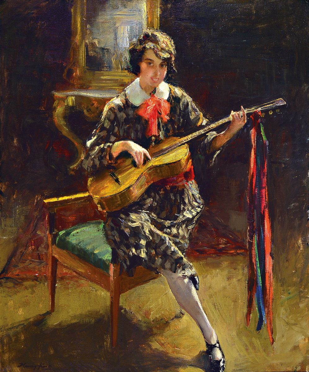Wilhelm Hempfing, 1886 Schönau-1948 Karlsruhe, "Mädchen mit Gitarre" so auf altem Etikett bez., Bildnis einer jungen Frau beim Gitarre ...