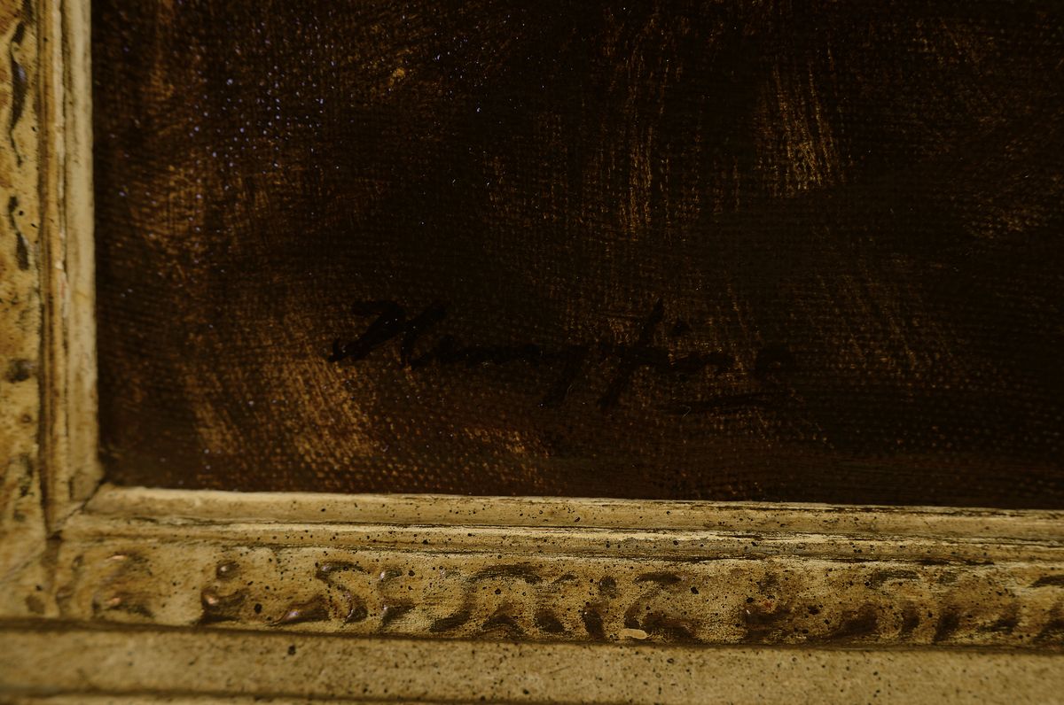 Detail a: Wilhelm Hempfing, 1886 Schönau-1948 Karlsruhe, "Mädchen mit Gitarre" so auf altem Etikett bez., Bildnis einer jungen Frau beim Gitarre ...