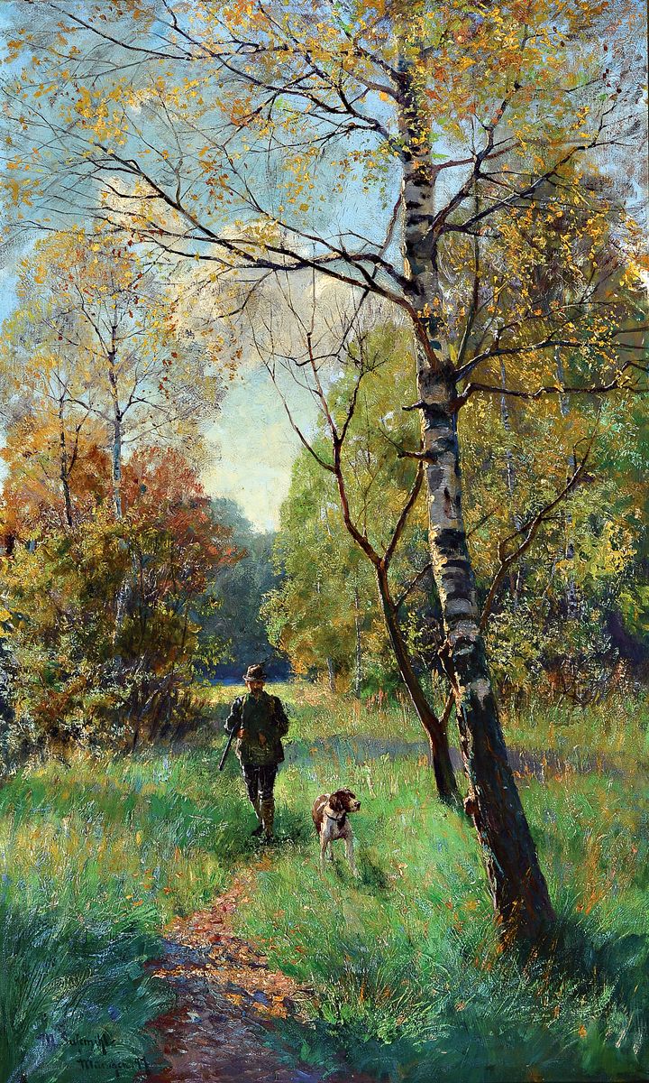 Martha Susemihl, 1872 Neuvorwerk bei Ratzeburg-1936 Göttingen, großformatiges Jagdbild, Jäger mit Hund im Birkenwald, links unten signiert und ...
