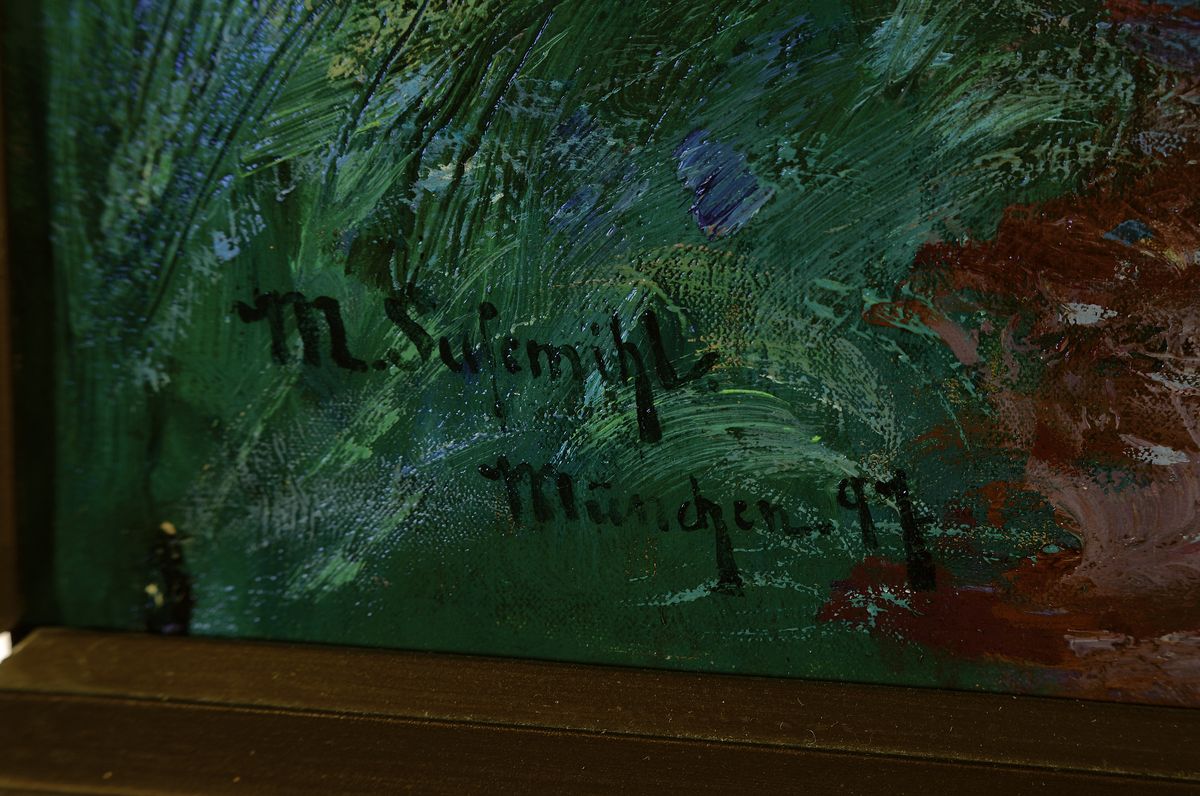 Detail a: Martha Susemihl, 1872 Neuvorwerk bei Ratzeburg-1936 Göttingen, großformatiges Jagdbild, Jäger mit Hund im Birkenwald, links unten signiert und ...