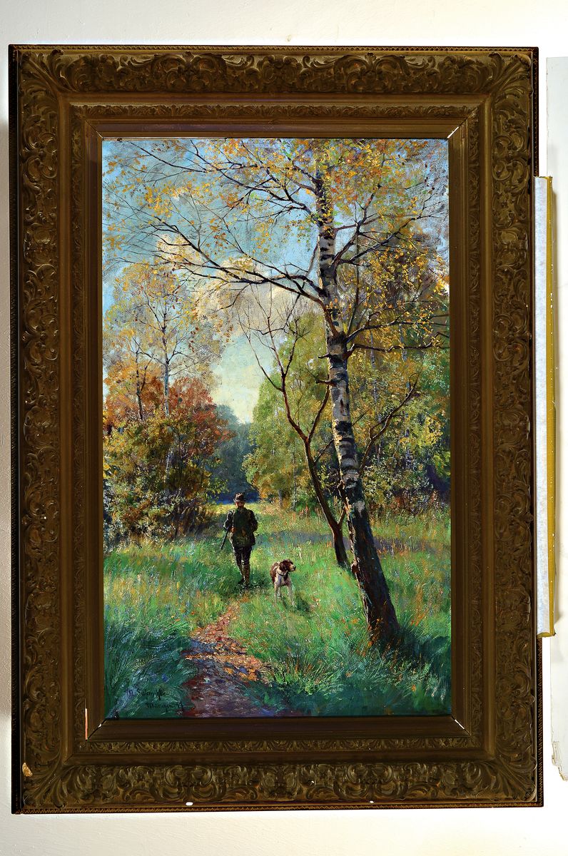 Detail k: Martha Susemihl, 1872 Neuvorwerk bei Ratzeburg-1936 Göttingen, großformatiges Jagdbild, Jäger mit Hund im Birkenwald, links unten signiert und ...