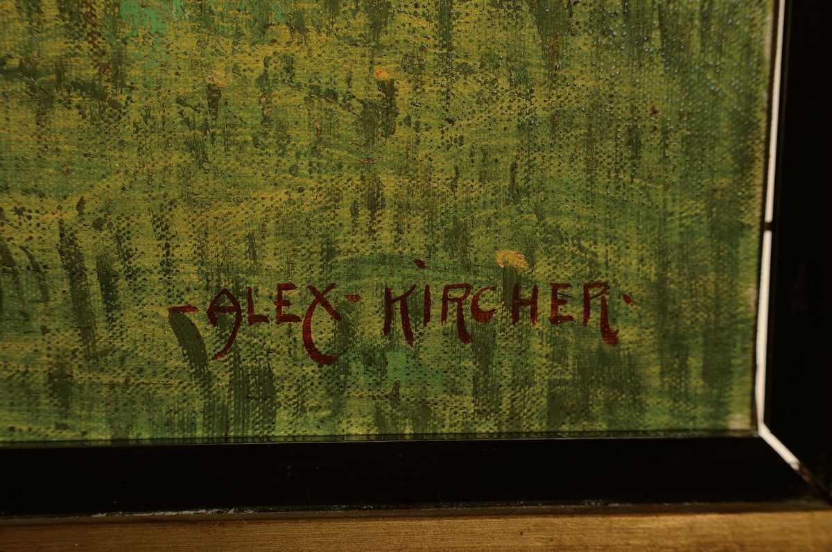 Detail a: Alex Kircher, Künstler des 20.Jh., Blick entlang des Schlossgarten auf das Schloss Schwetzingen, historisierende Darstellung mit Personen des ...