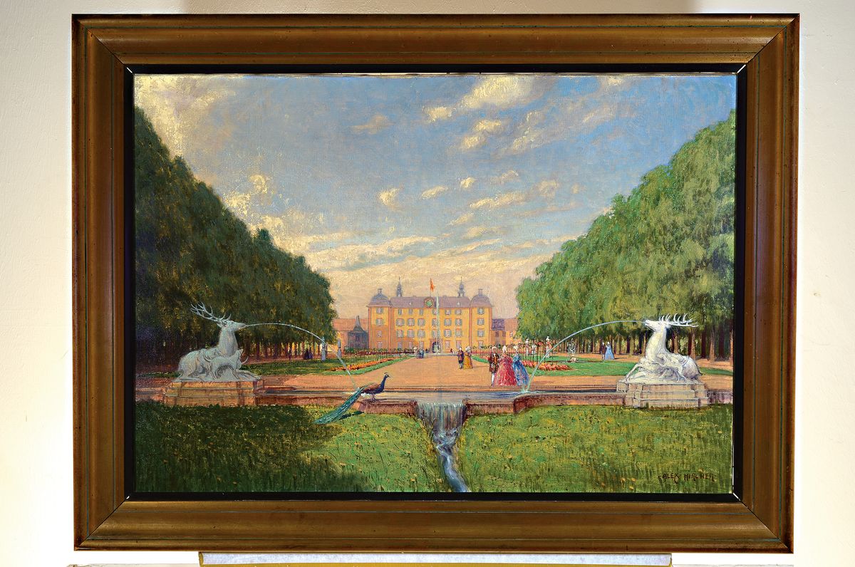 Detail k: Alex Kircher, Künstler des 20.Jh., Blick entlang des Schlossgarten auf das Schloss Schwetzingen, historisierende Darstellung mit Personen des ...