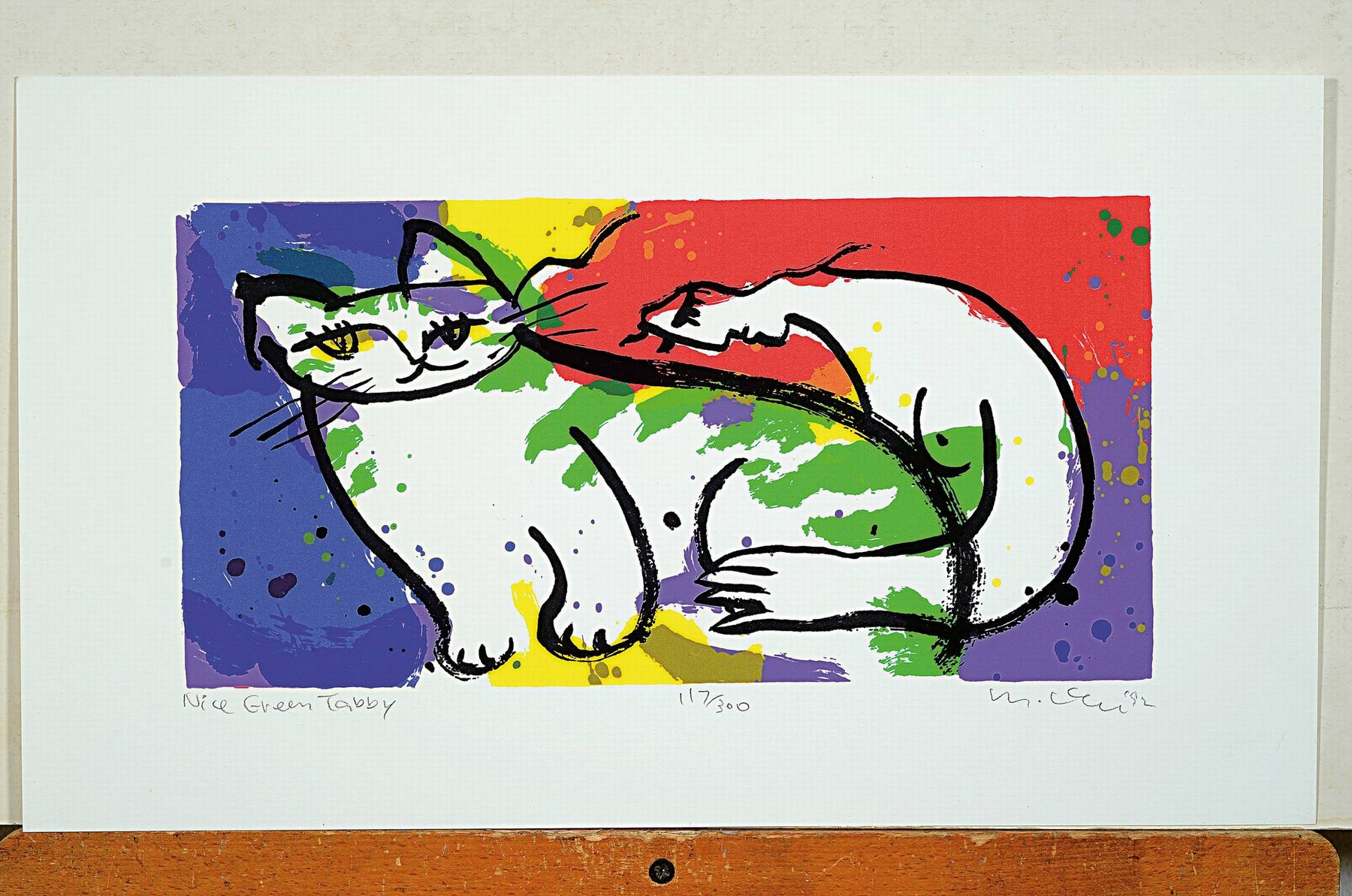 Detail k: Michael Leu, geb. 1951 Taiwan, Nice green Tabby, Farbsiebdruck, handsigniert, num. 117/300, betitelt, ca. 18x35cm, Blattgr. ca. 27.5x47.5cm