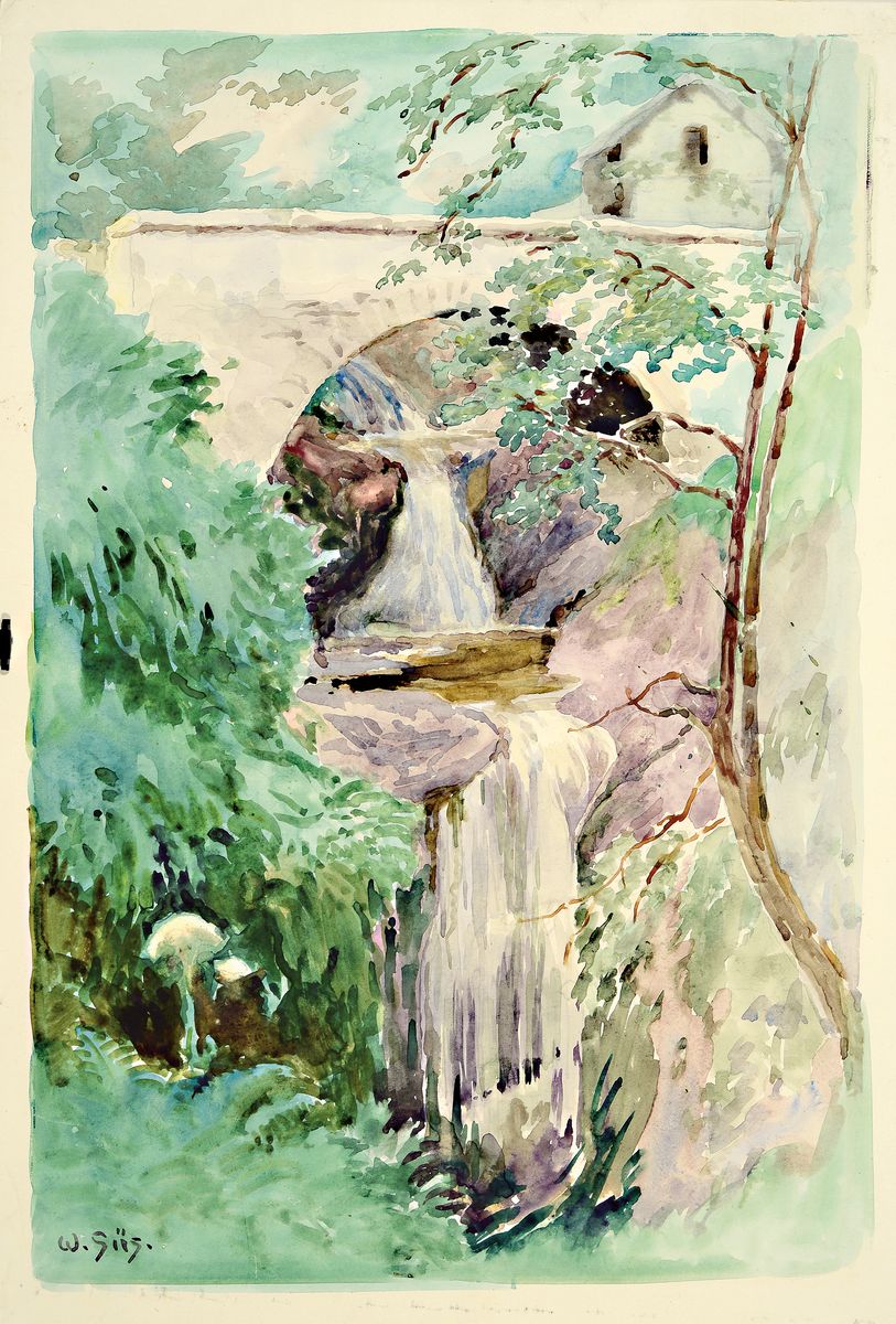 Wilhelm Süs, 1861 Düsseldorf-1933 Mannheim, Aquarell, Studie eines Wasserfalls unterhalb einer Brücke, links unten signiert, ungerahmt,48x33 cm; ...