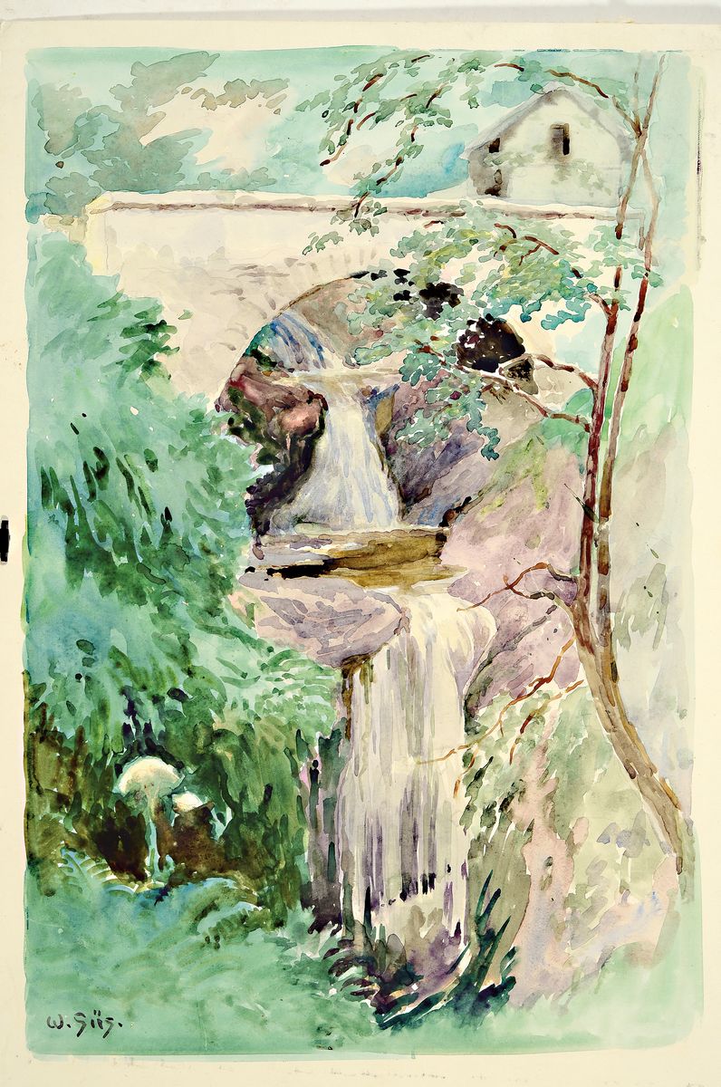 Detail k: Wilhelm Süs, 1861 Düsseldorf-1933 Mannheim, Aquarell, Studie eines Wasserfalls unterhalb einer Brücke, links unten signiert, ungerahmt,48x33 cm; ...