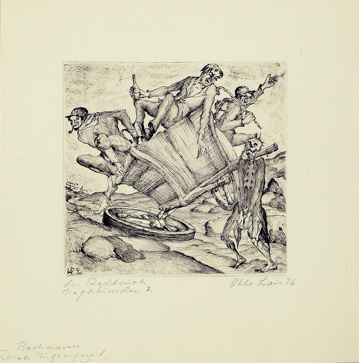 Otto Lais, 1897 Wilferdingen-1988 Wegberg -Merbeck, Radierung, "de Radbrück Vagabunden 2", signiert und bez., Platte 20x20cm, ...