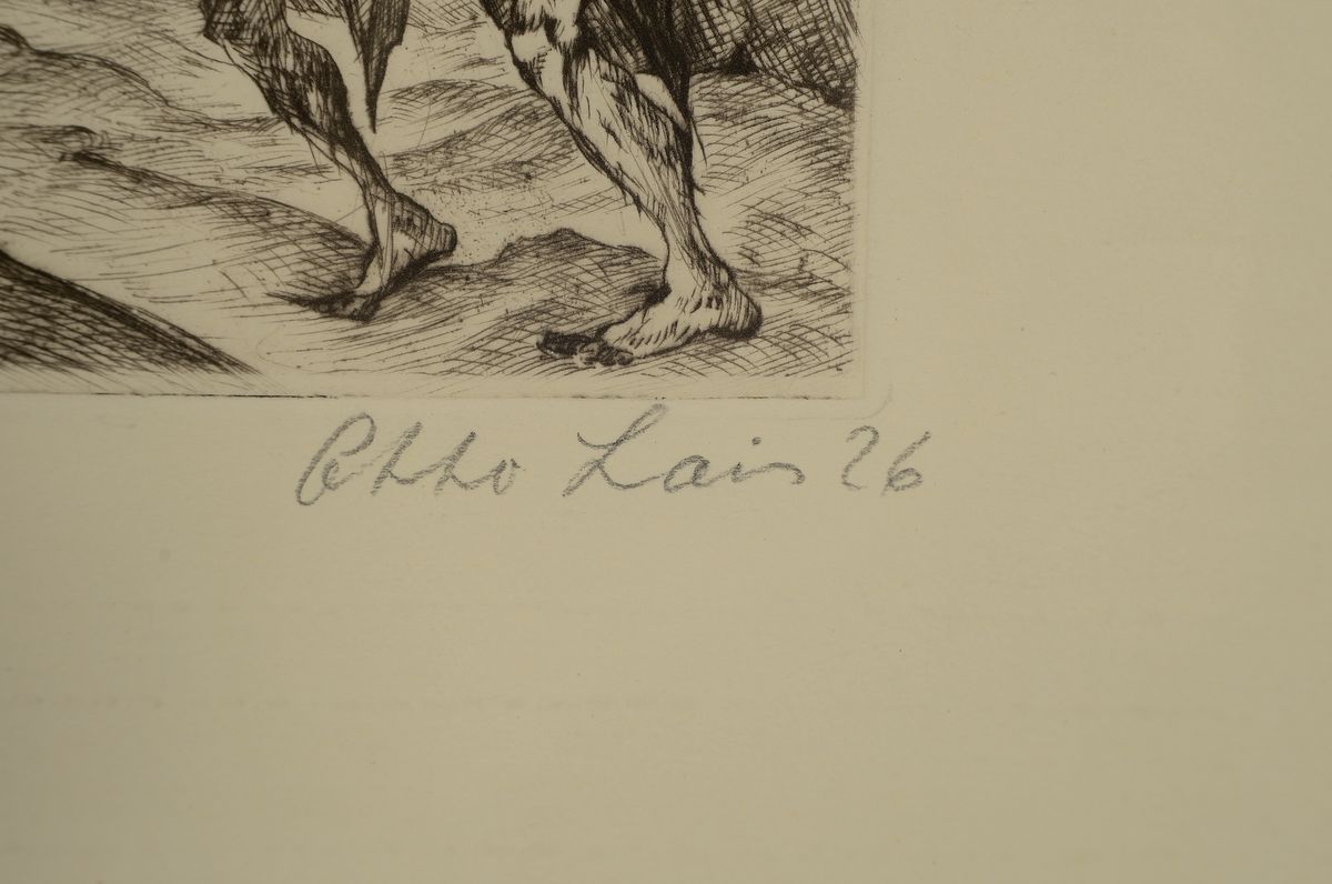 Detail a: Otto Lais, 1897 Wilferdingen-1988 Wegberg -Merbeck, Radierung, "de Radbrück Vagabunden 2", signiert und bez., Platte 20x20cm, ...