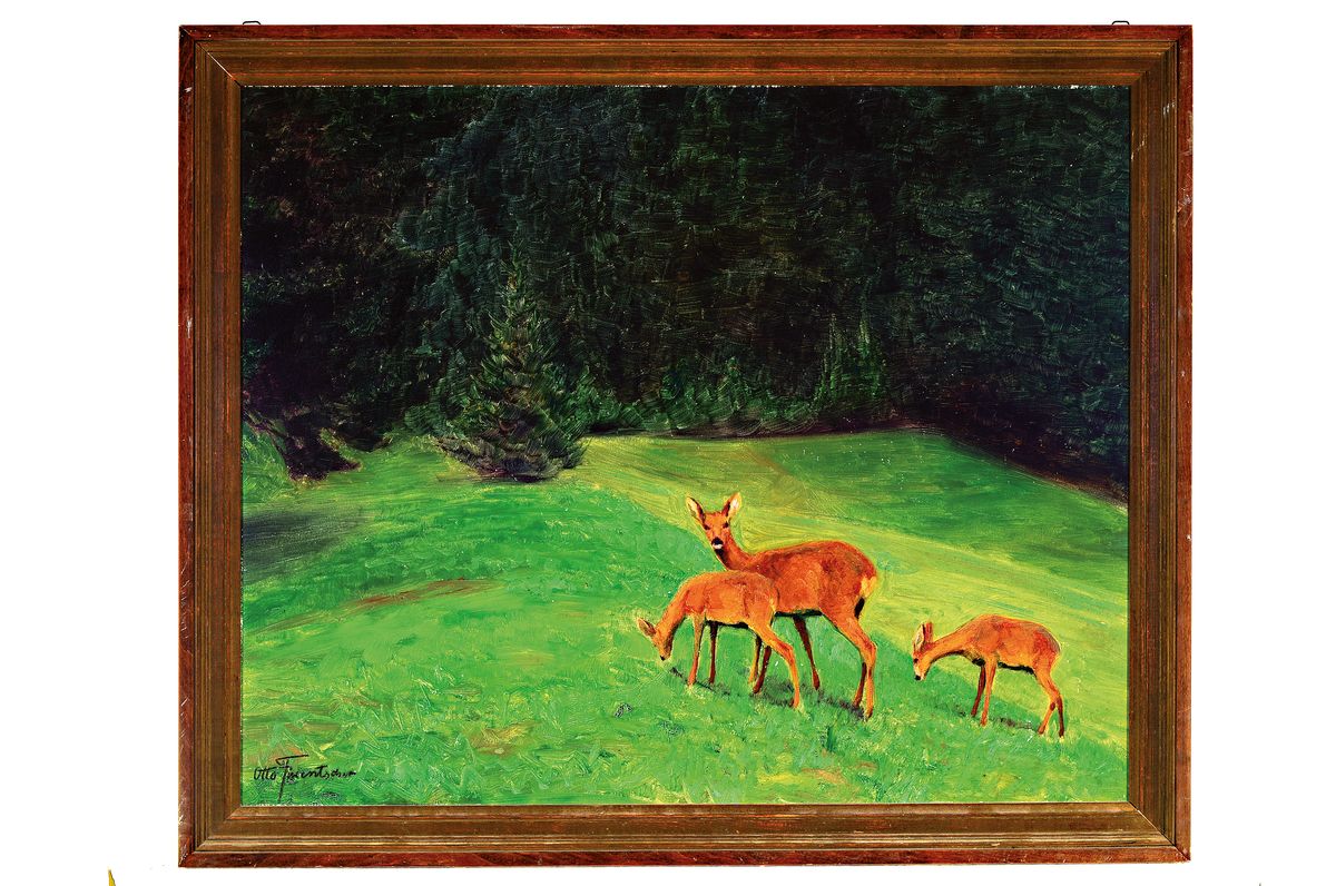 Detail k: Otto Fikentscher, 1862 Zwickau-1945 Baden- Baden, Rehe auf Waldlichtung, links unten signiert, Öl/Holzplatte, 50x60 cm, Rahmen 57x68 cm; Tiermaler, ...