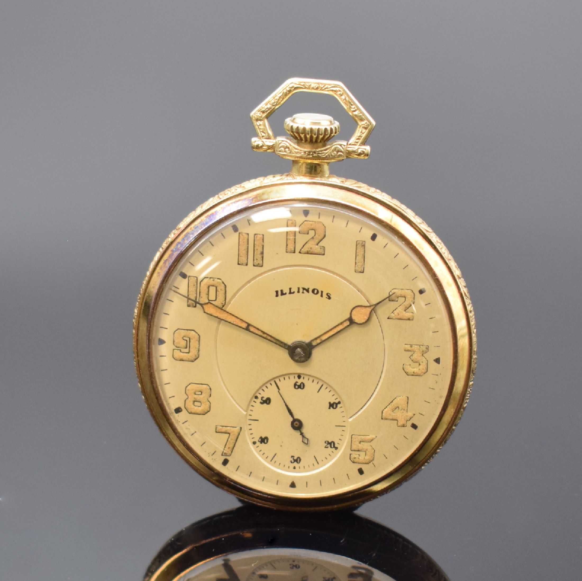 ILLINOIS WATCH Co. offene Taschenuhr in GG 585/000, USA um 1923, silb. Zifferbl. m. arab. Leuchtzahlen, Leuchtzeiger, Rückseite m. Monogramm, silb. ...