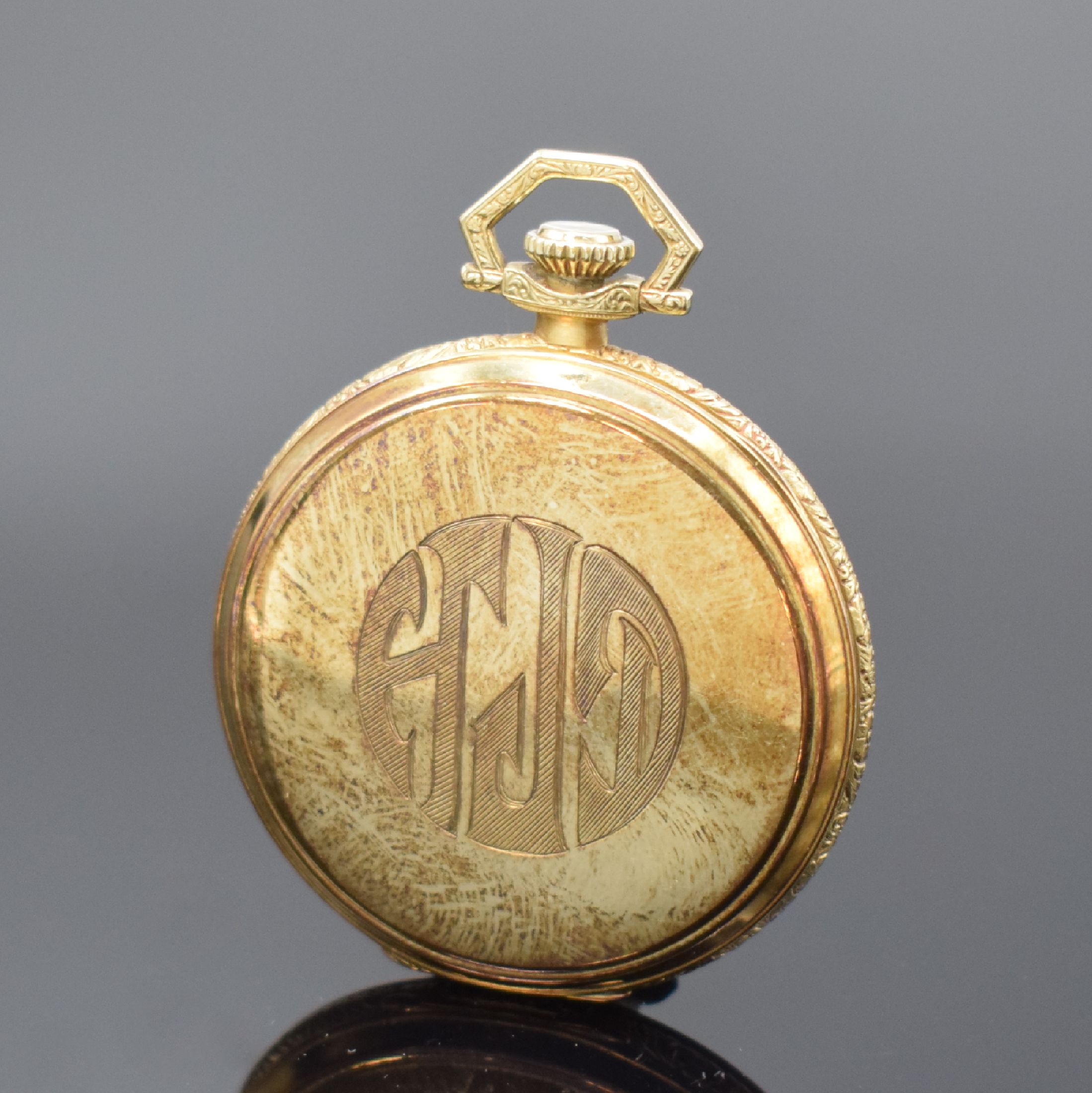 Detail a: ILLINOIS WATCH Co. offene Taschenuhr in GG 585/000, USA um 1923, silb. Zifferbl. m. arab. Leuchtzahlen, Leuchtzeiger, Rückseite m. Monogramm, silb. ...