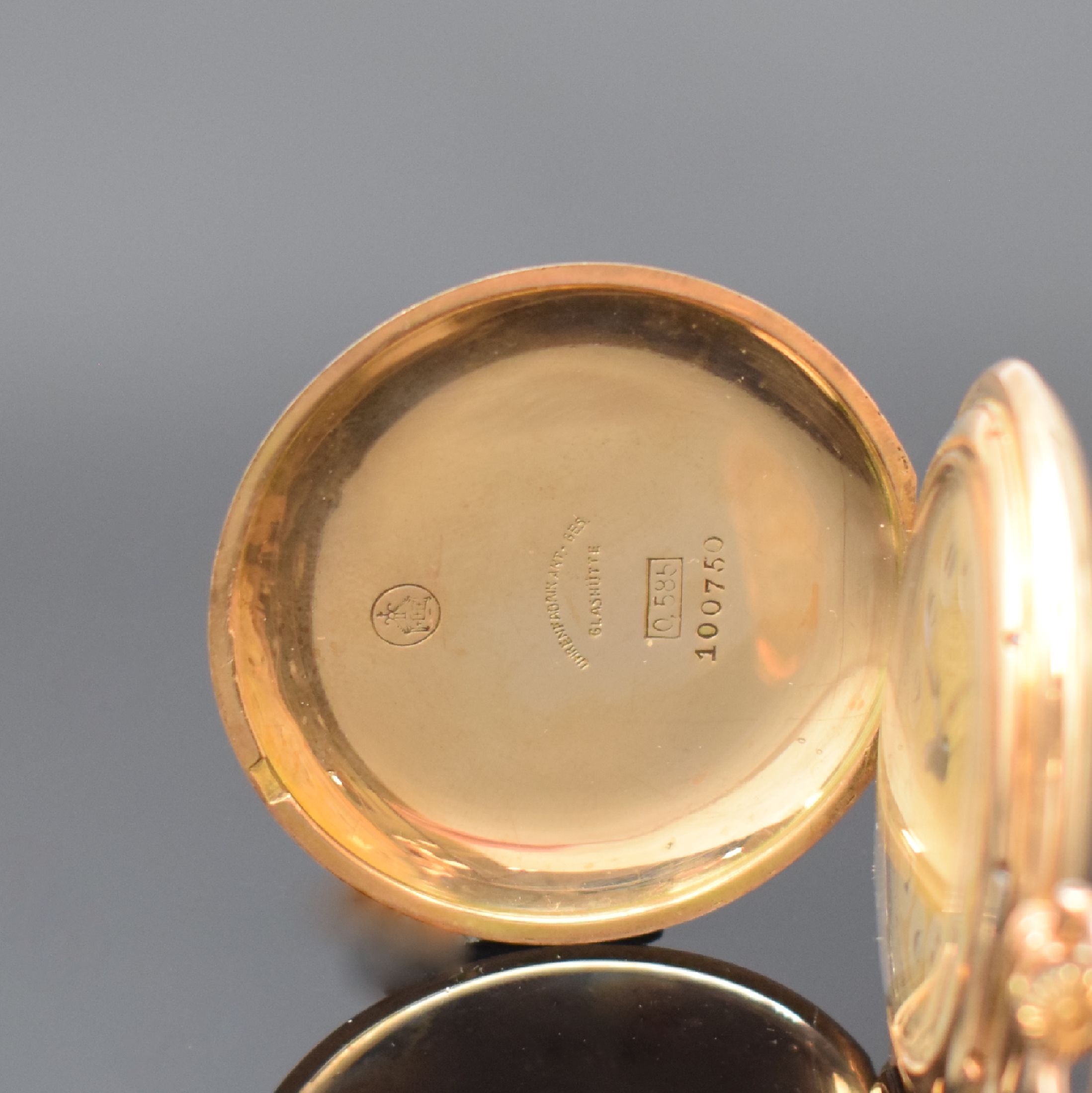 Detail a: GLASHÜTTER Präzisions-Uhren-Fabrik Akt.-Ges. Savonette in RoseG 585/000, Deutschland um 1915, 3-Deckel Goldgeh., guill. Duoton- Metallzifferbl. m. ...