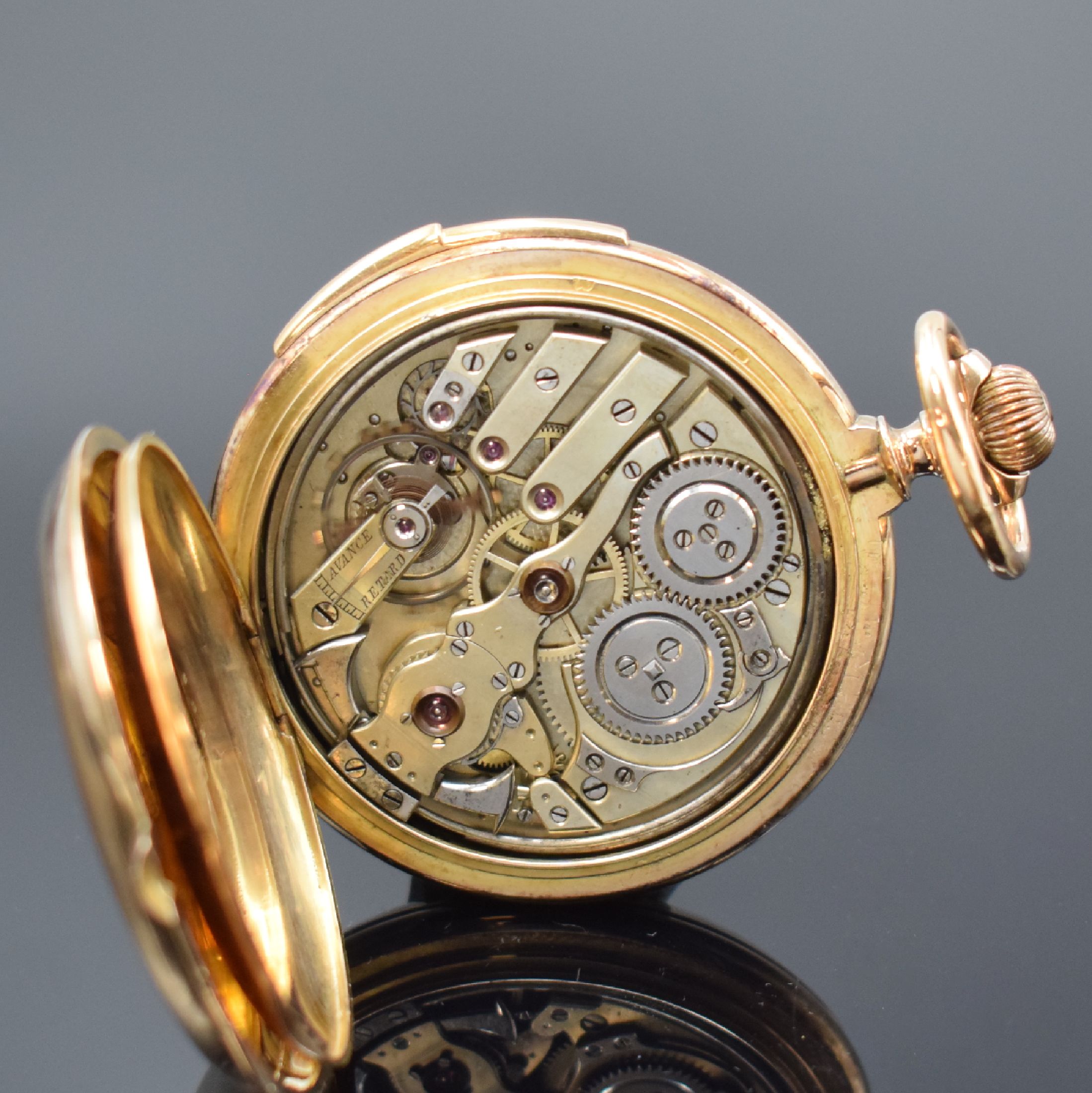 Detail g: LeCoultre & Co. Savonette in RoseG 750/000 mit 1/4-Stunden-Repetition, Schweiz um 1900, 3-Deckel Goldgeh. m. a-goutte Schlüssen, Sprungdeckel m. ...