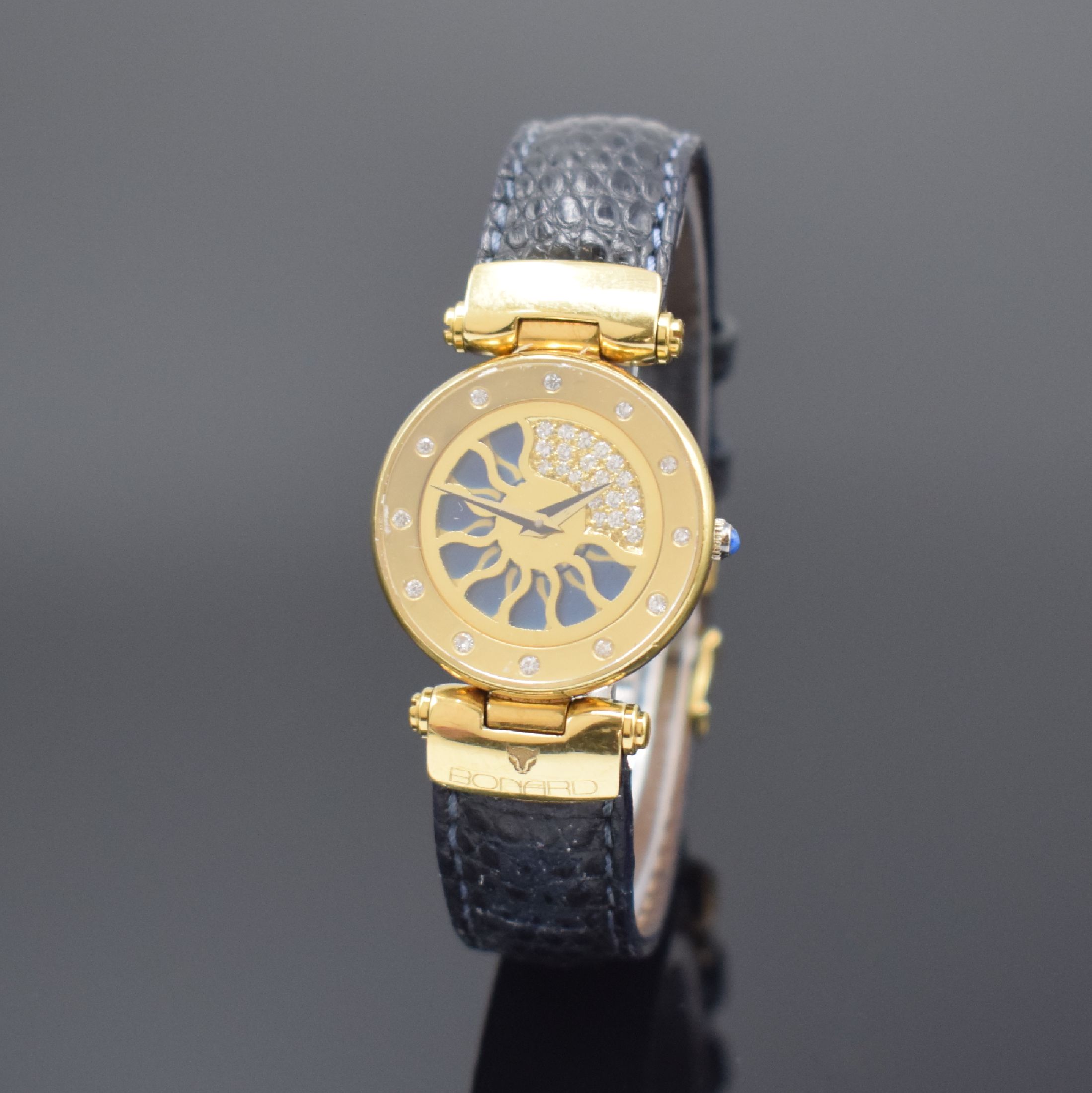 BONARD Magic Diamonds Damenarmbanduhr in GG 750/000, Schweiz um 1990, quarz, 2-teil. Geh., Boden aufgedr., ausgefallenes Zifferbl. u. Innenlünette ...