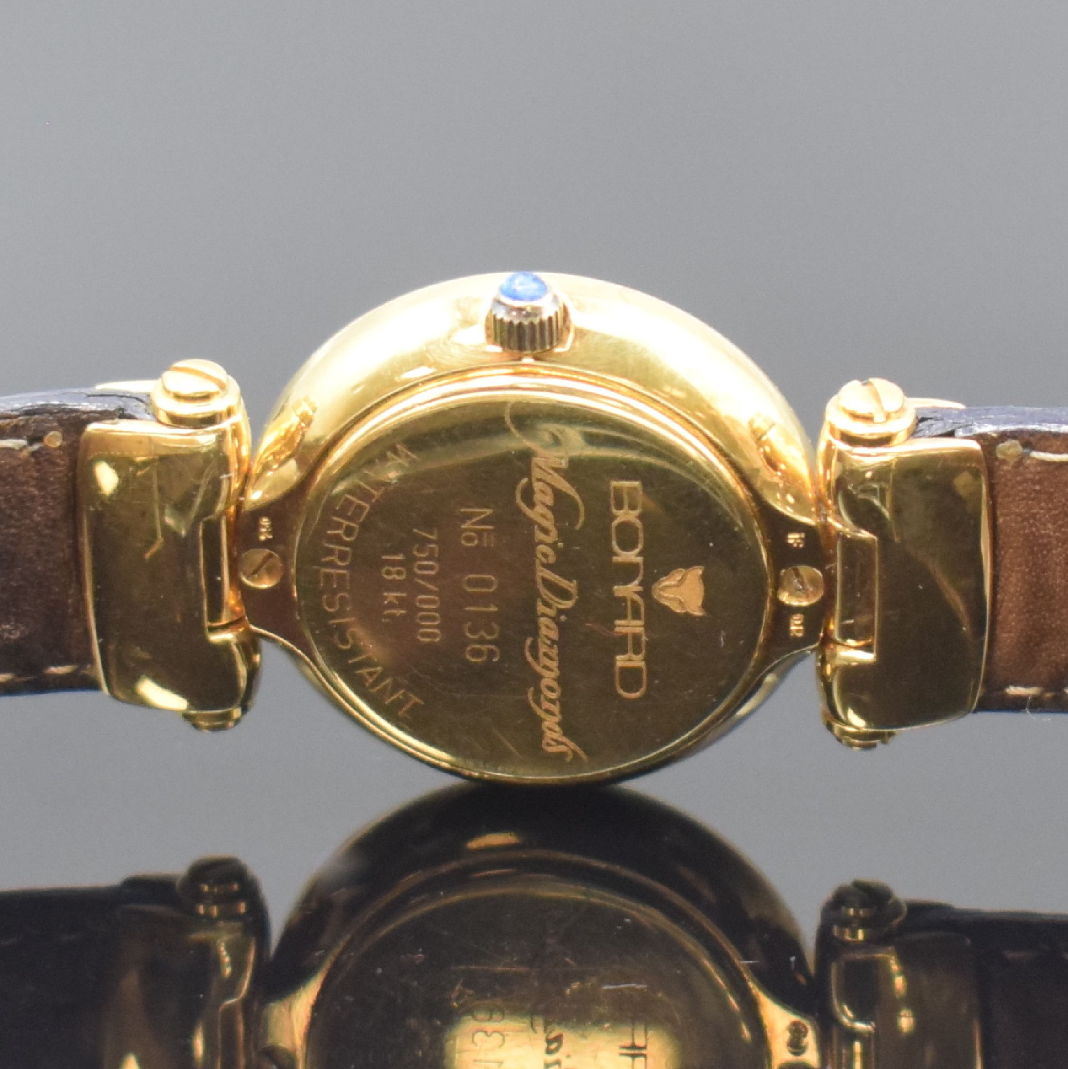 Detail c: BONARD Magic Diamonds Damenarmbanduhr in GG 750/000, Schweiz um 1990, quarz, 2-teil. Geh., Boden aufgedr., ausgefallenes Zifferbl. u. Innenlünette ...