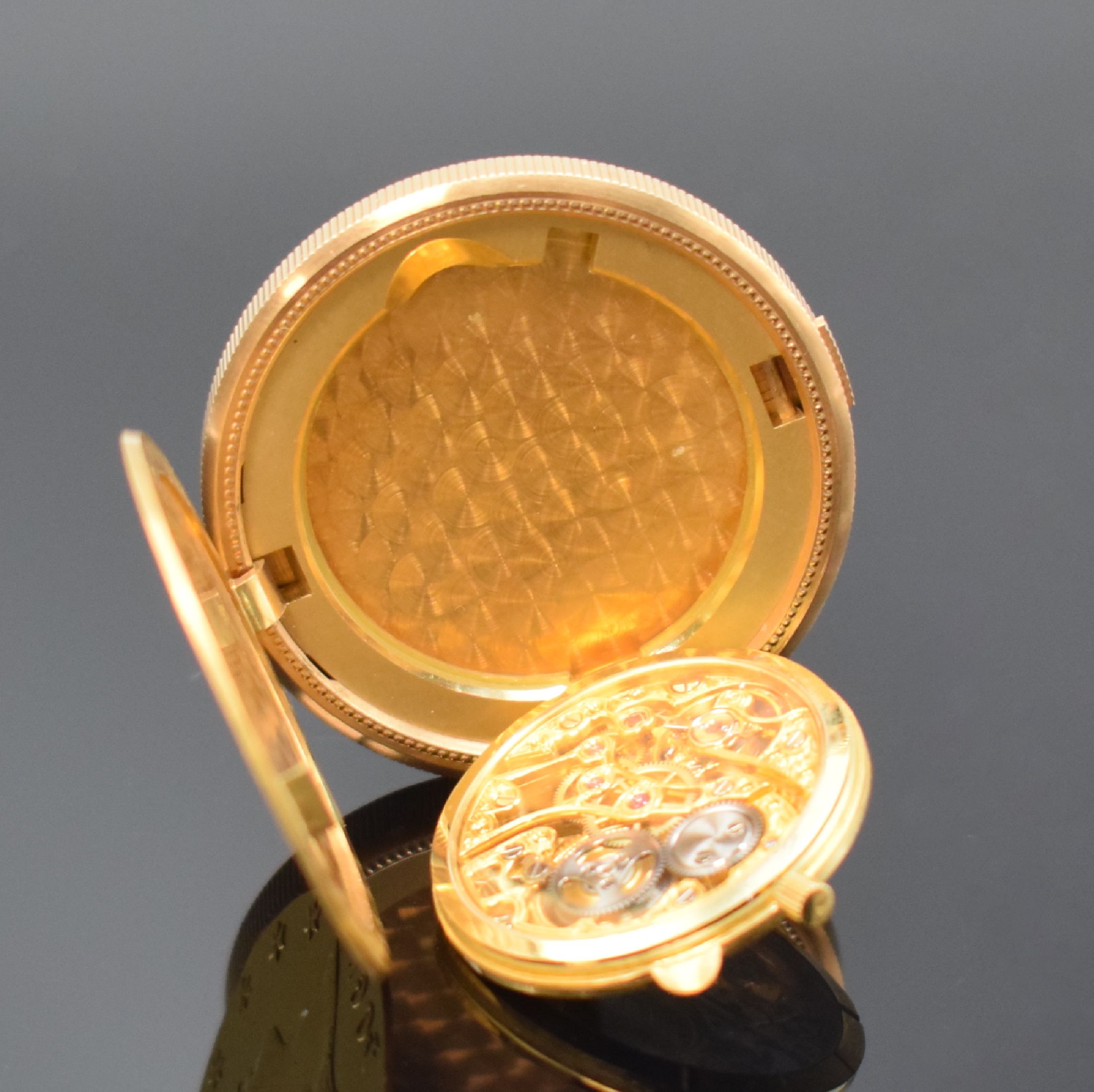 Detail d: Frackuhr in 20 US-DOLLAR Goldmünze, Schweiz um 1985, Handaufzug, Sprungdeckel öffnet durch versteckten Drücker außen bei 3, feines ausklappbares ...