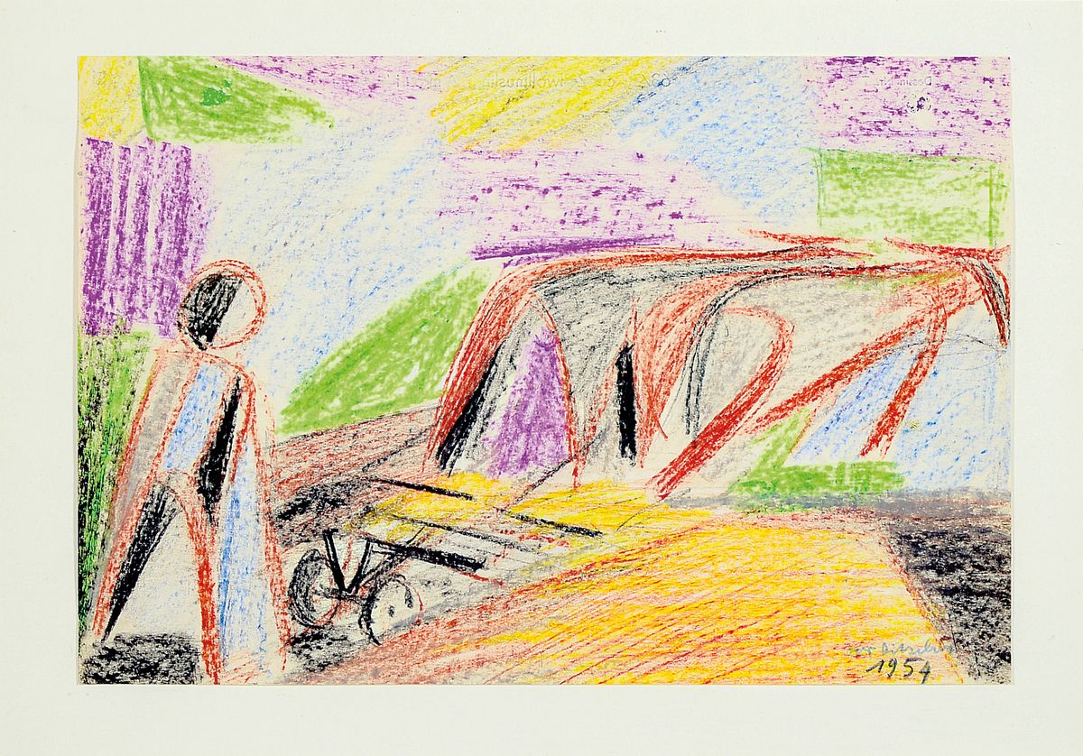 Otto Ditscher, 1904-1987 Neuhofen, Buntstiftzeichnung auf Papier, pflügender Bauer, signiert und datiert 1954, 19.5 x 29 cm, PP., unter Glas, Rahmen