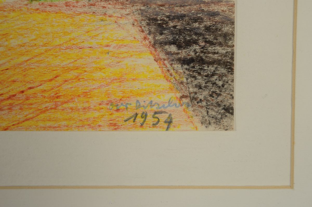 Detail a: Otto Ditscher, 1904-1987 Neuhofen, Buntstiftzeichnung auf Papier, pflügender Bauer, signiert und datiert 1954, 19.5 x 29 cm, PP., unter Glas, Rahmen