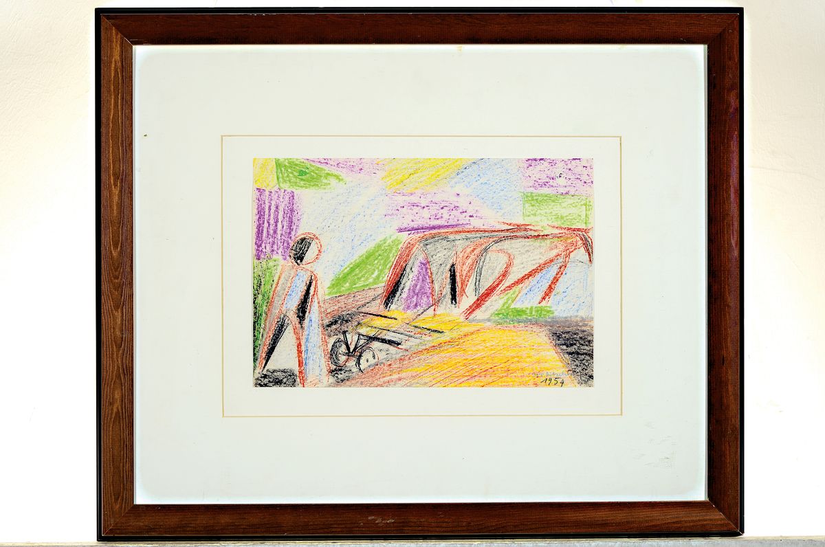 Detail k: Otto Ditscher, 1904-1987 Neuhofen, Buntstiftzeichnung auf Papier, pflügender Bauer, signiert und datiert 1954, 19.5 x 29 cm, PP., unter Glas, Rahmen