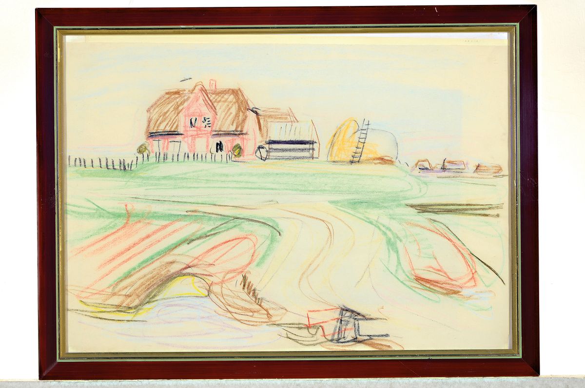 Detail k: Erich Hartmann, 1886 Elberfeld-1974 Sylt, Bauernhof, farbige Kreidezeichnung auf Papier,auf der Rückseite Stempel "Stempel Nachlass Erich ...