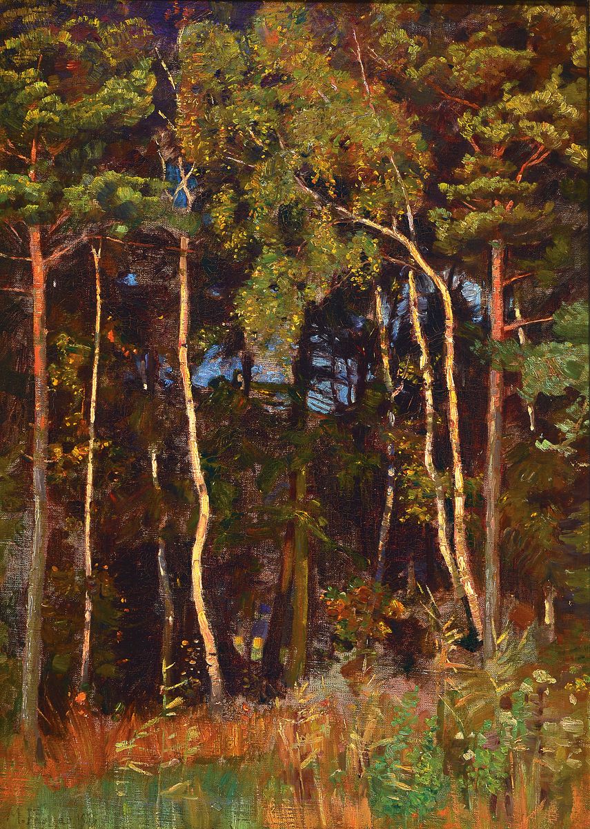 M. Frey (?), datiert 1919, Waldinterieur, warmrotes Kolorit des Sonnenuntergangs erzeugtharmonisches Bildgefüge, links unten unleserlich signiert ...