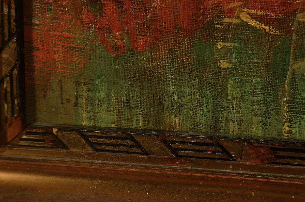 Detail a: M. Frey (?), datiert 1919, Waldinterieur, warmrotes Kolorit des Sonnenuntergangs erzeugtharmonisches Bildgefüge, links unten unleserlich signiert ...