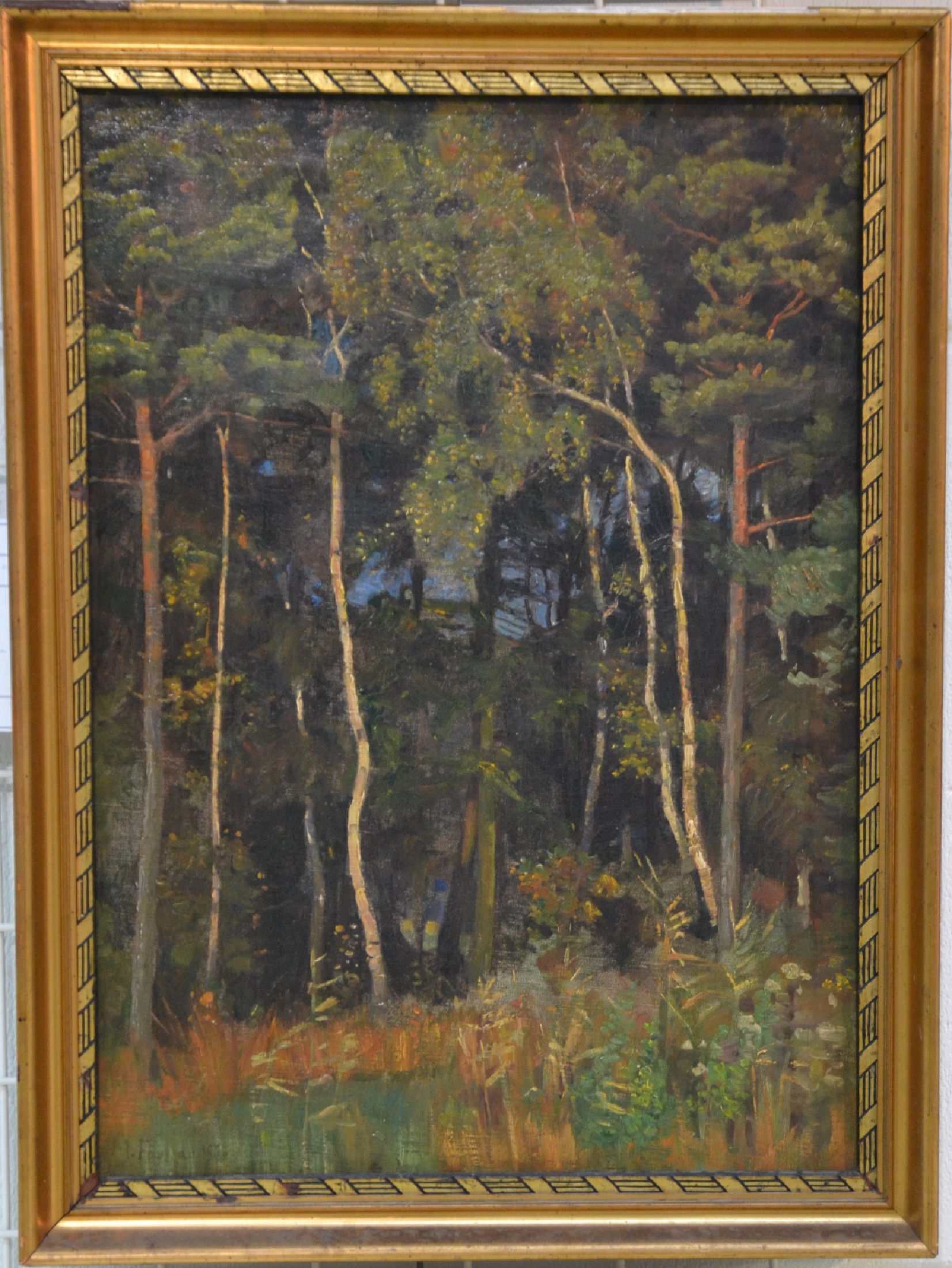 Detail b: M. Frey (?), datiert 1919, Waldinterieur, warmrotes Kolorit des Sonnenuntergangs erzeugtharmonisches Bildgefüge, links unten unleserlich signiert ...