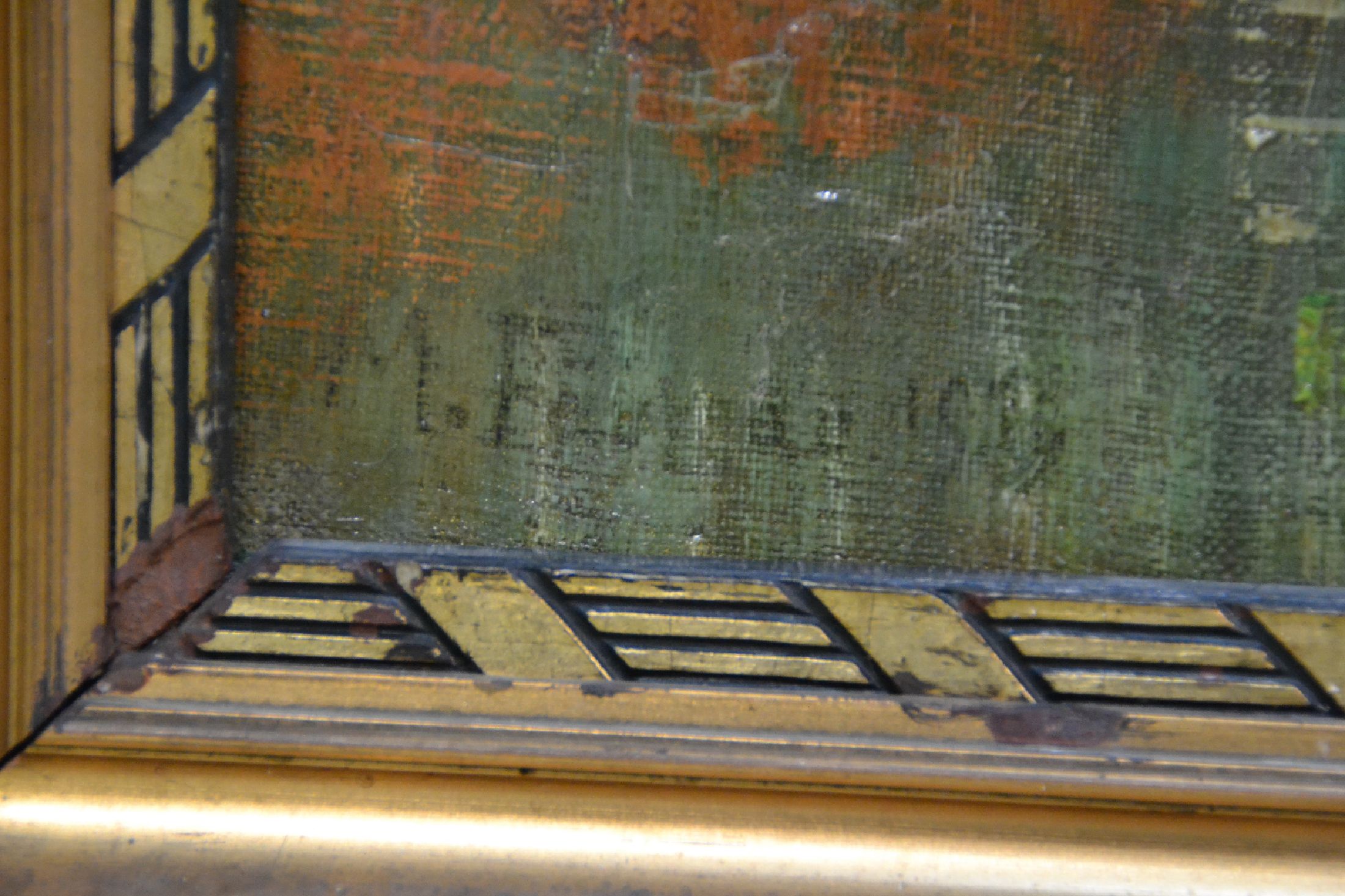 Detail c: M. Frey (?), datiert 1919, Waldinterieur, warmrotes Kolorit des Sonnenuntergangs erzeugtharmonisches Bildgefüge, links unten unleserlich signiert ...