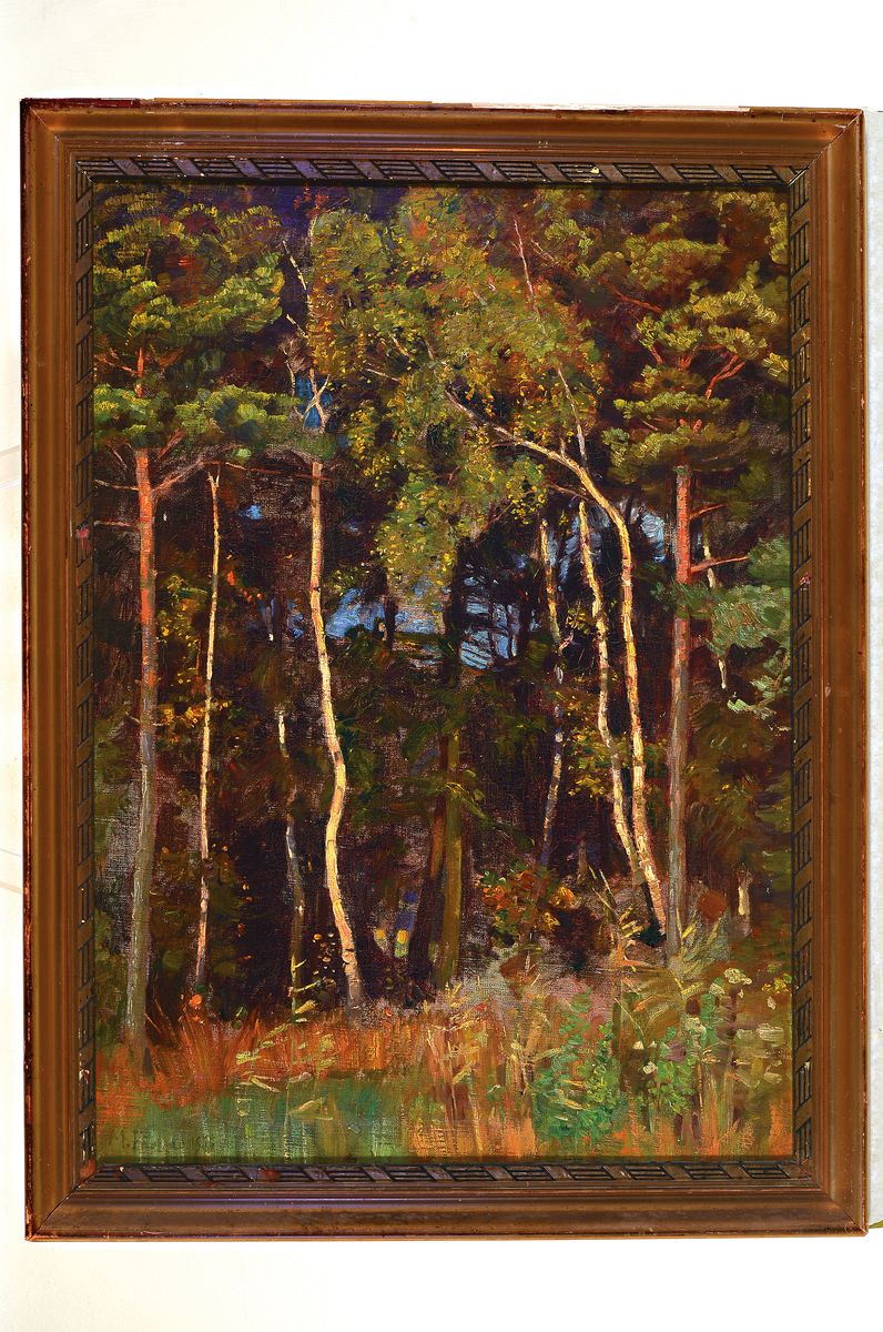 Detail k: M. Frey (?), datiert 1919, Waldinterieur, warmrotes Kolorit des Sonnenuntergangs erzeugtharmonisches Bildgefüge, links unten unleserlich signiert ...