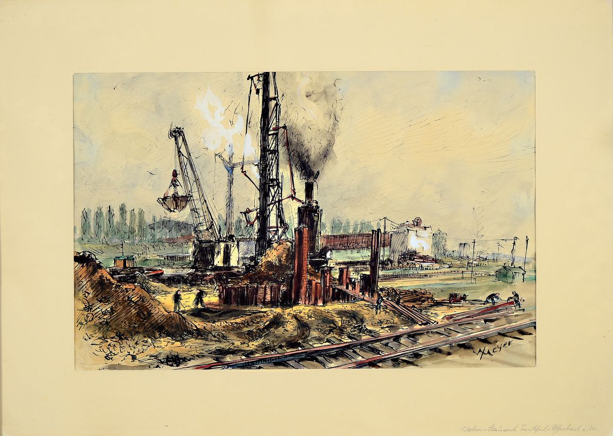 Willy Mayer, Künstler des 20.Jh., 2 Arbeiten, Aquarell und Tusche auf Papier, signiert, Steinwerk Frankfurt-Offenbach a.M. und Blick auf einen Platz ...
