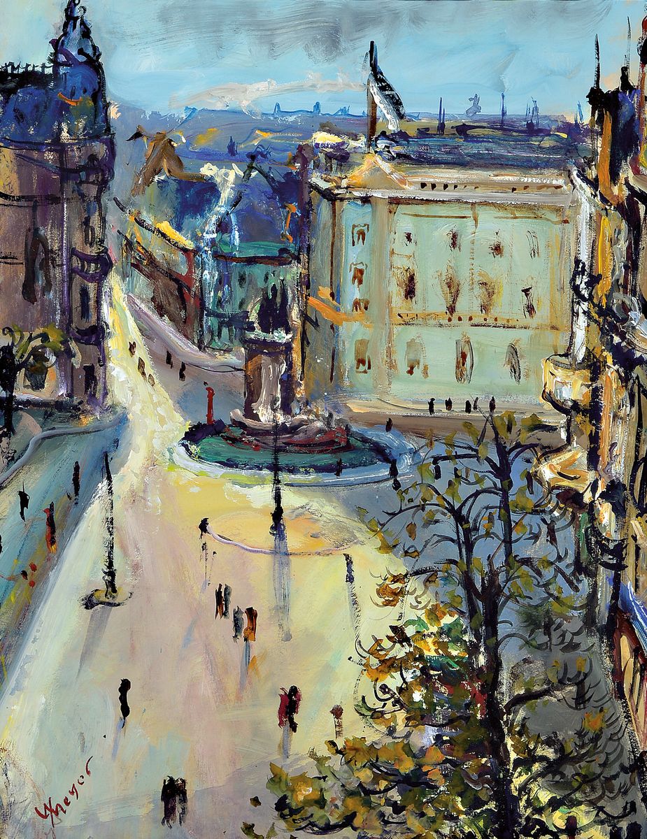 Detail a: Willy Mayer, Künstler des 20.Jh., 2 Arbeiten, Aquarell und Tusche auf Papier, signiert, Steinwerk Frankfurt-Offenbach a.M. und Blick auf einen Platz ...