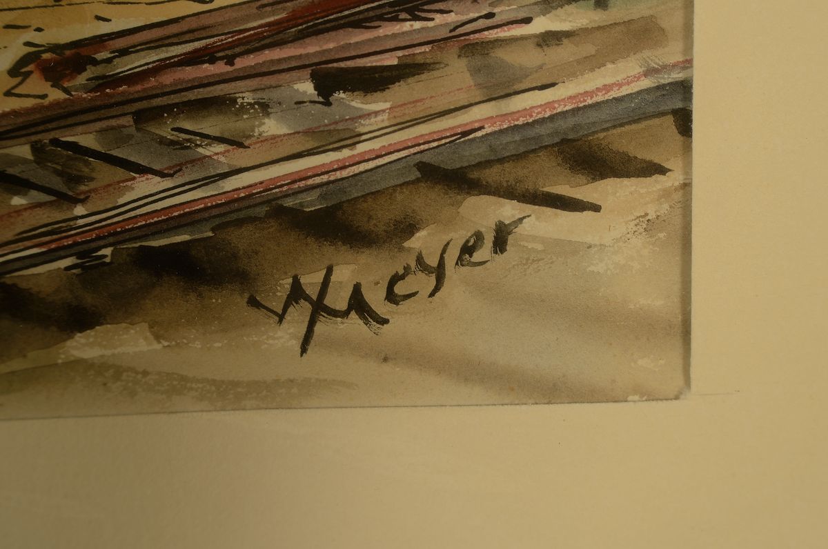 Detail b: Willy Mayer, Künstler des 20.Jh., 2 Arbeiten, Aquarell und Tusche auf Papier, signiert, Steinwerk Frankfurt-Offenbach a.M. und Blick auf einen Platz ...