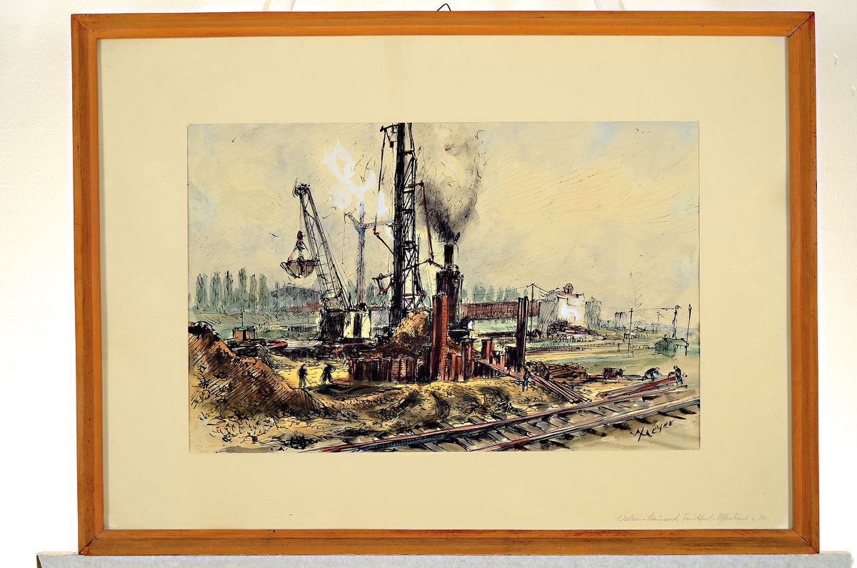 Detail k: Willy Mayer, Künstler des 20.Jh., 2 Arbeiten, Aquarell und Tusche auf Papier, signiert, Steinwerk Frankfurt-Offenbach a.M. und Blick auf einen Platz ...