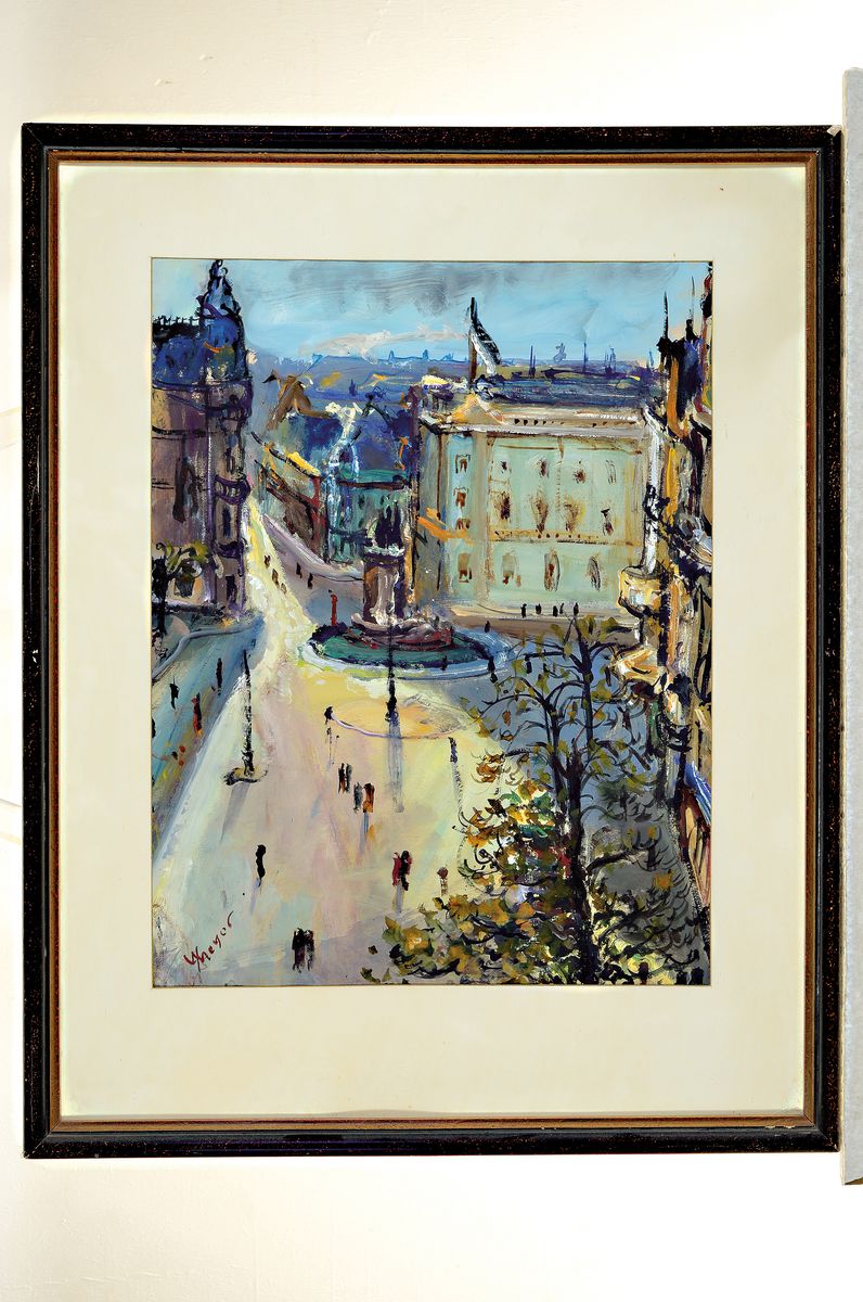 Detail l: Willy Mayer, Künstler des 20.Jh., 2 Arbeiten, Aquarell und Tusche auf Papier, signiert, Steinwerk Frankfurt-Offenbach a.M. und Blick auf einen Platz ...