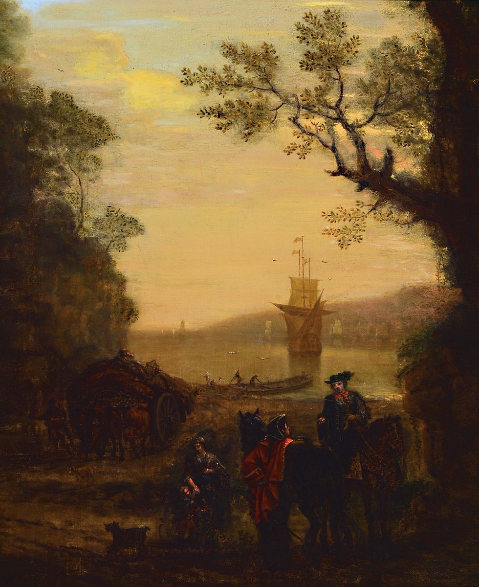 John Wootton, 1682 - 1765 London, englischer Jagd- u. Landschaftsmaler, Schüler von John Wyck (1652-1700), belebte Hafenlandschaft mit vor Anker ...