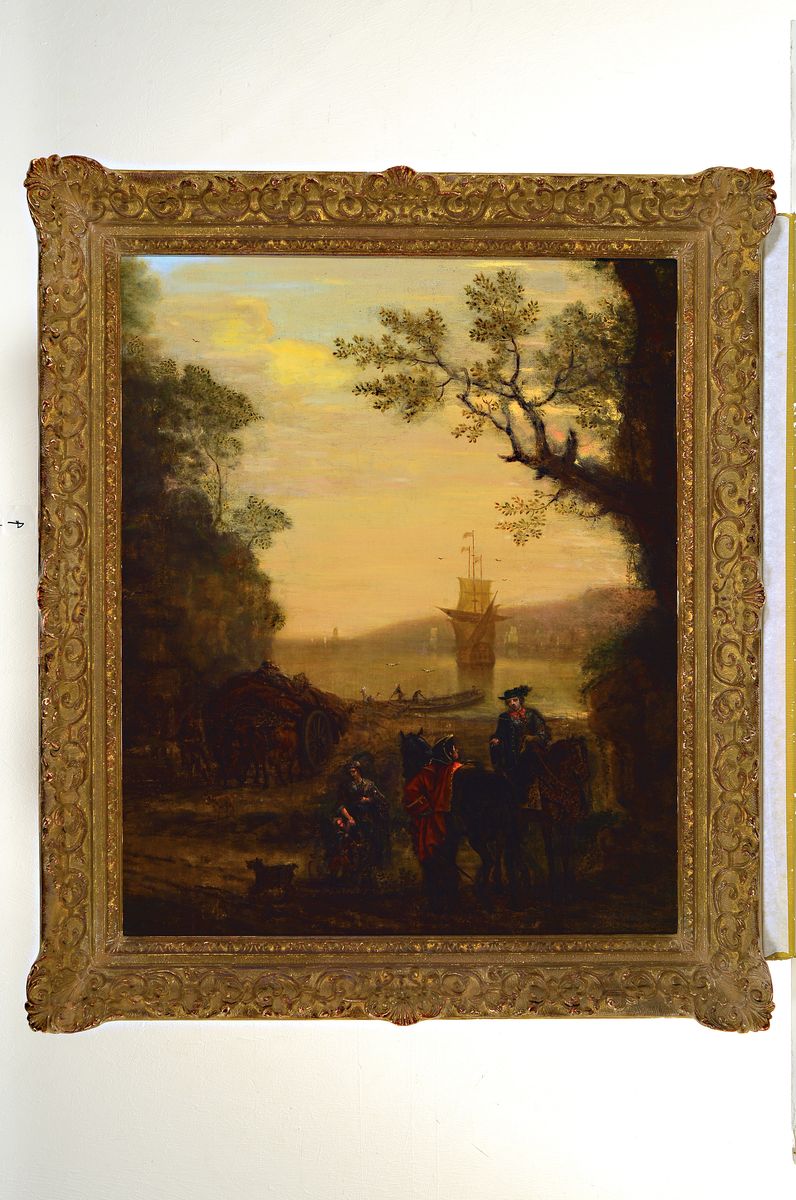 Detail k: John Wootton, 1682 - 1765 London, englischer Jagd- u. Landschaftsmaler, Schüler von John Wyck (1652-1700), belebte Hafenlandschaft mit vor Anker ...