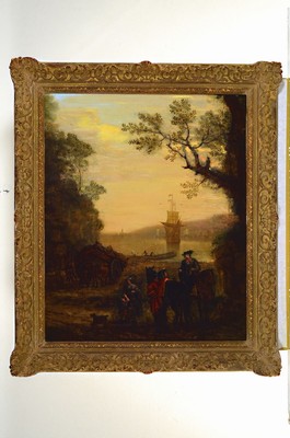 26678730k - John Wootton, 1682 - 1765 London, English hunting and landscape painter, student of JohnWyck (1652-1700), busy harbor landscape with an anchored galleon, foreground with two debating English noblemen and a horse-drawn cart, based on Lorrains and Poussin's Arcadianlandscapes of the 17th century, signed and dated 1757 lower right, heavily restored, gilded magnificent frame, approx. 74x61/89x77 cm