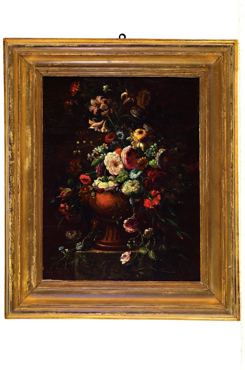Detail k: Unbekannter Künstler, um 1800/10, reiches Blumenstillleben, Zier- und Wildblumen in Kratervase auf antikisierendem Sockel, Öl/Weichholz, rechts ...