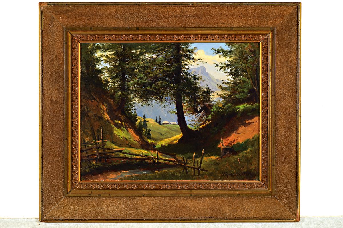 Detail k: Carl Christian Wymann-Mory, 1836-1898, schweizer Künstler, Bachlauf in Gebirgslandschaft, Öl/Karton, rechts unten signiert 28x36 cm, Rahmen 40x48 cm