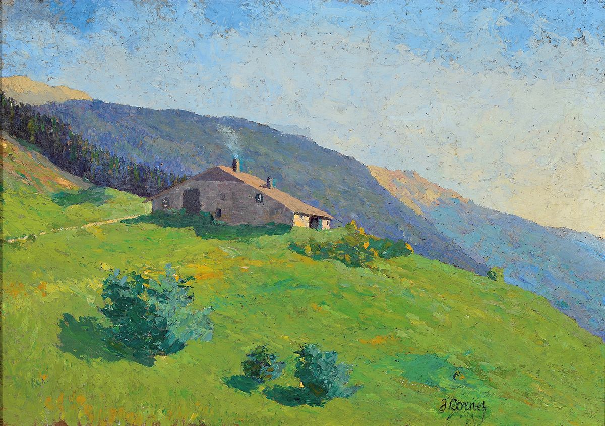 Joseph Cornet, Künstler des frühen 20.Jh., sonnenbeschienene Berghütte, rechts unten signiert, Öl/Holzplatte, 33x46 cm, Rahmen 41x54 cm