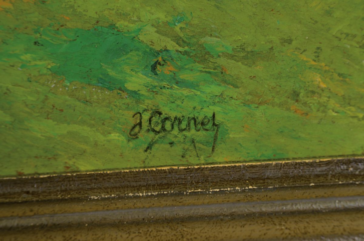 Detail a: Joseph Cornet, Künstler des frühen 20.Jh., sonnenbeschienene Berghütte, rechts unten signiert, Öl/Holzplatte, 33x46 cm, Rahmen 41x54 cm