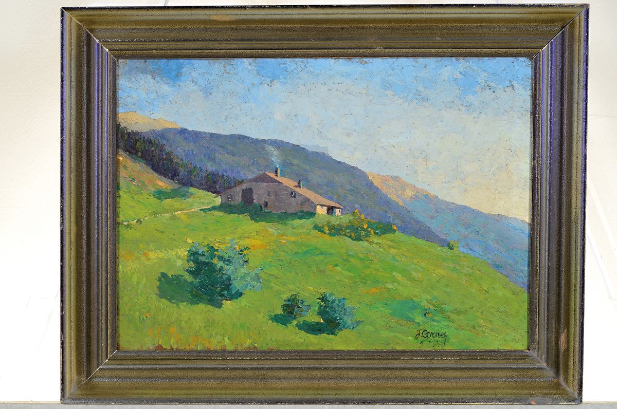 Detail k: Joseph Cornet, Künstler des frühen 20.Jh., sonnenbeschienene Berghütte, rechts unten signiert, Öl/Holzplatte, 33x46 cm, Rahmen 41x54 cm