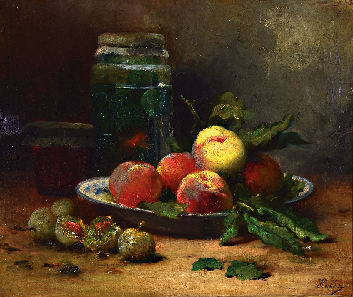 Zuschreibung: Eduard Huber, 1877-1965, Stillleben mit Pfirsischen, Pflaumen, einem Glas Marmelade und einer Flasche mit eingelegtem Obst, signiert ...