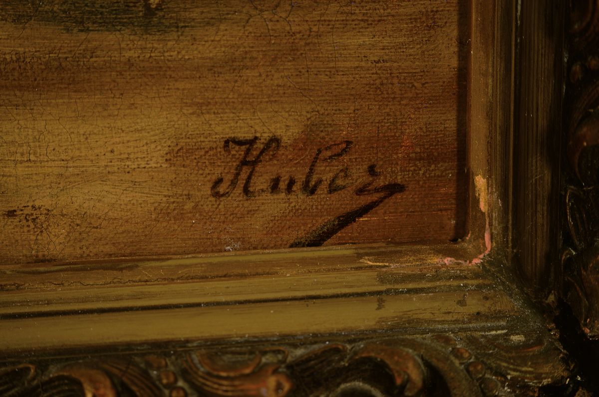 Detail a: Zuschreibung: Eduard Huber, 1877-1965, Stillleben mit Pfirsischen, Pflaumen, einem Glas Marmelade und einer Flasche mit eingelegtem Obst, signiert ...
