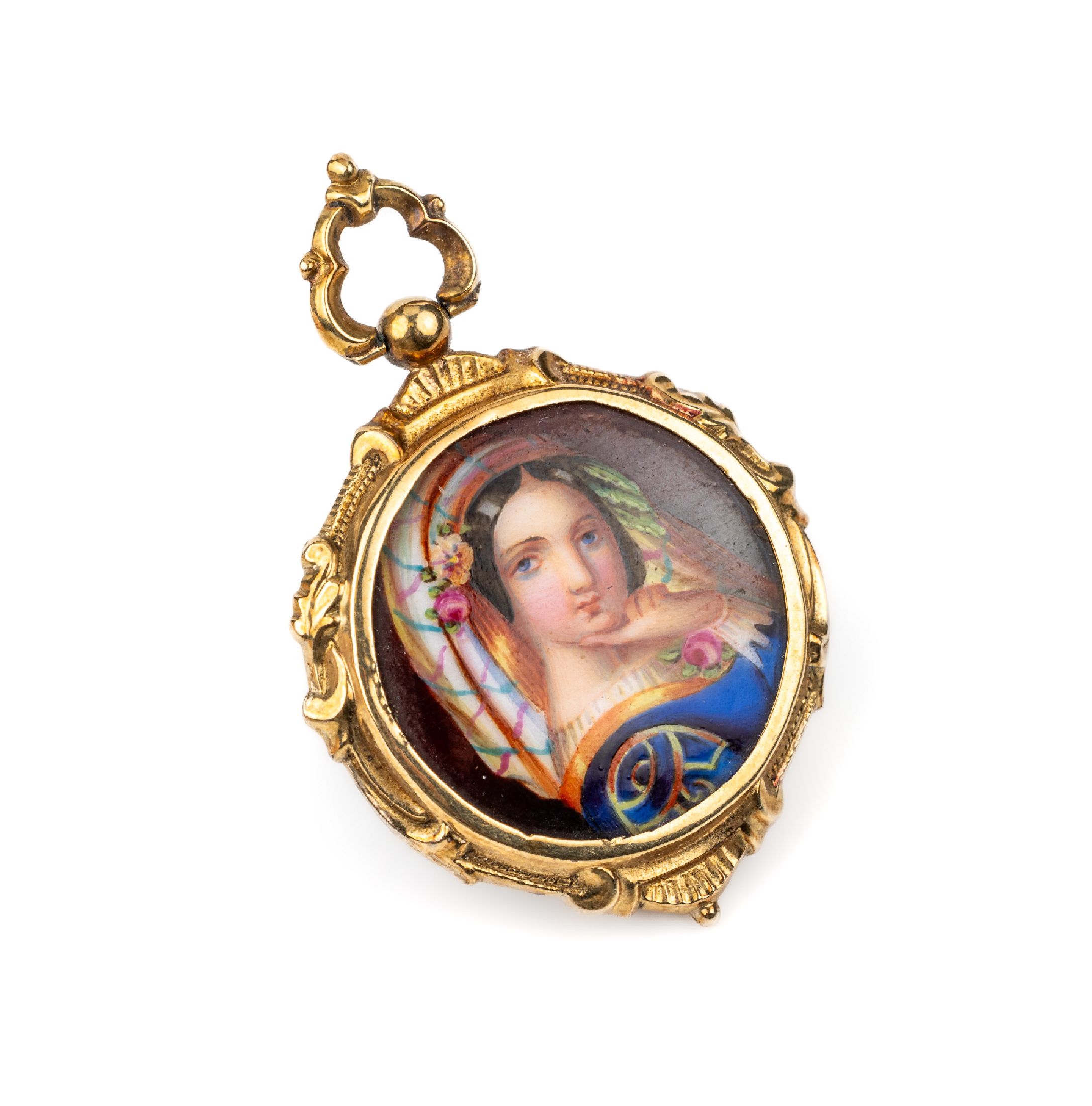 14 kt Gold Medaillon-Anhänger mit Porzellanmalerei, GG 585/000 gepr., um 1840-60, Front: sehr fein ausgeführte Porzellanmalerei, Darstellung einer ...