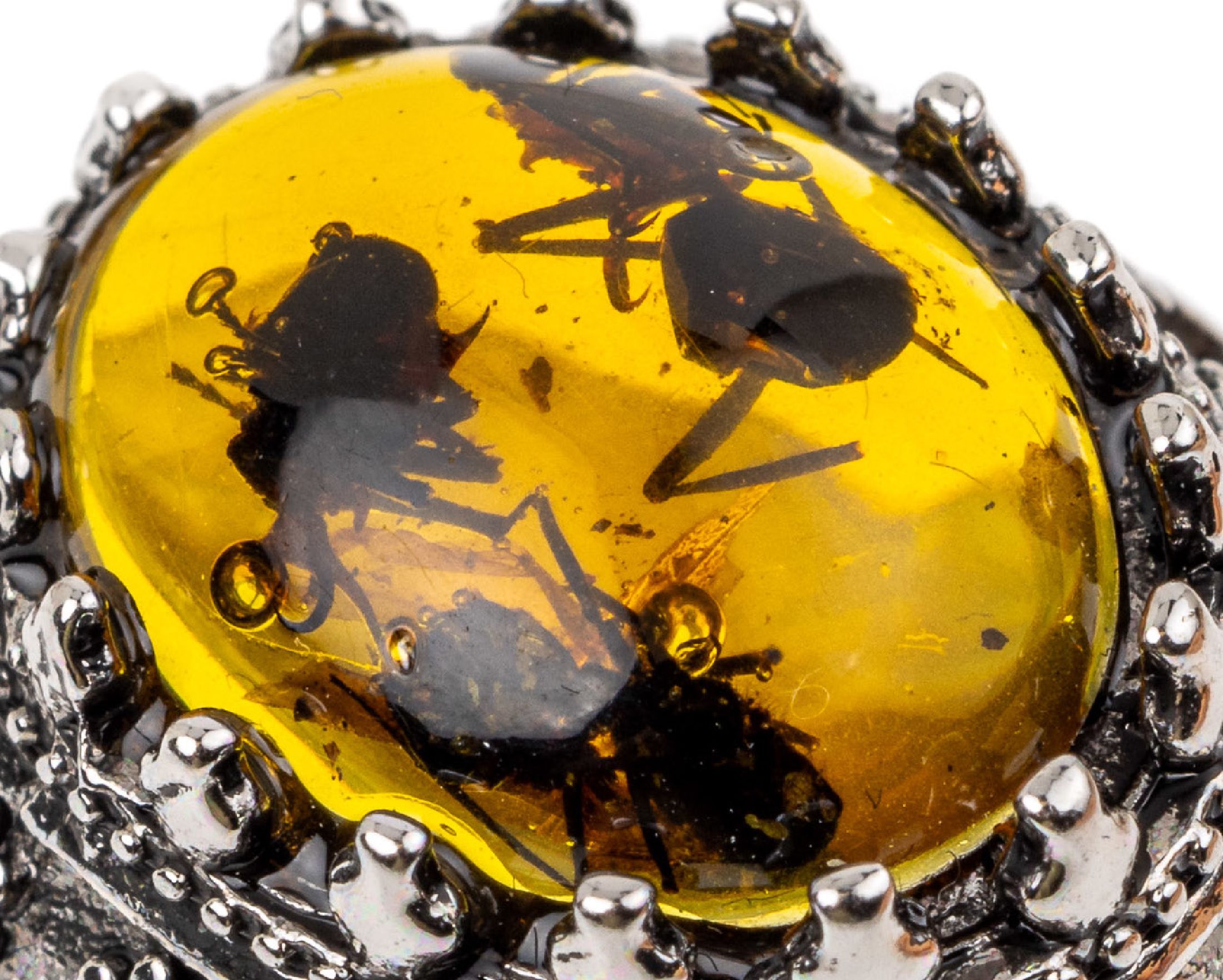 Detail a: Silber Bernstein Ring mit Inklusen, Silber gepr., baltischer Bernstein mit 3 eingeschlossenen Ameisen, 40 Mio. Jahre alt, RW 72, Unikat, sammelw., ...